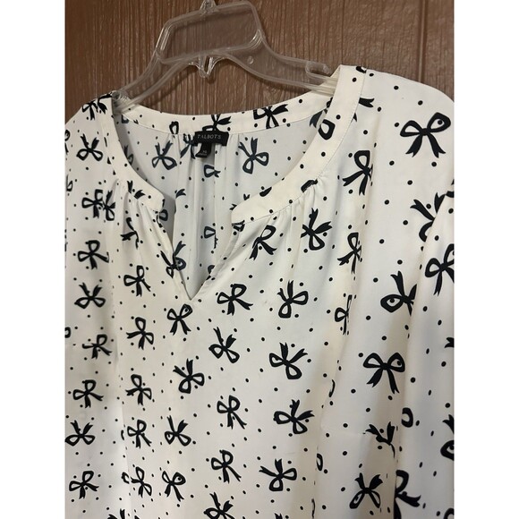 Talbots Ivory Bow Ribbon Print Long Sleeve Elastic Cuff Top Blouse Size XL Work - Picture 2 of 6